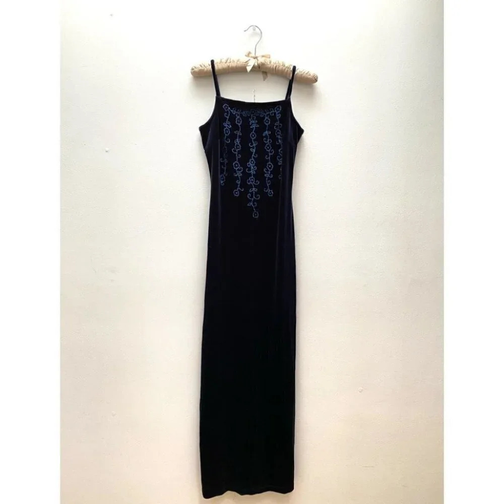 Vintage - 90s Spaghetti Strap Long Velvet Whimsigoth Dress with Side Slits